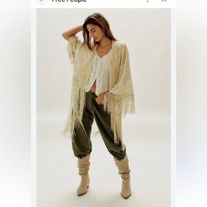 z098. Free People London Nights Piano Duster Embroidered Fringe  Knit Kimono